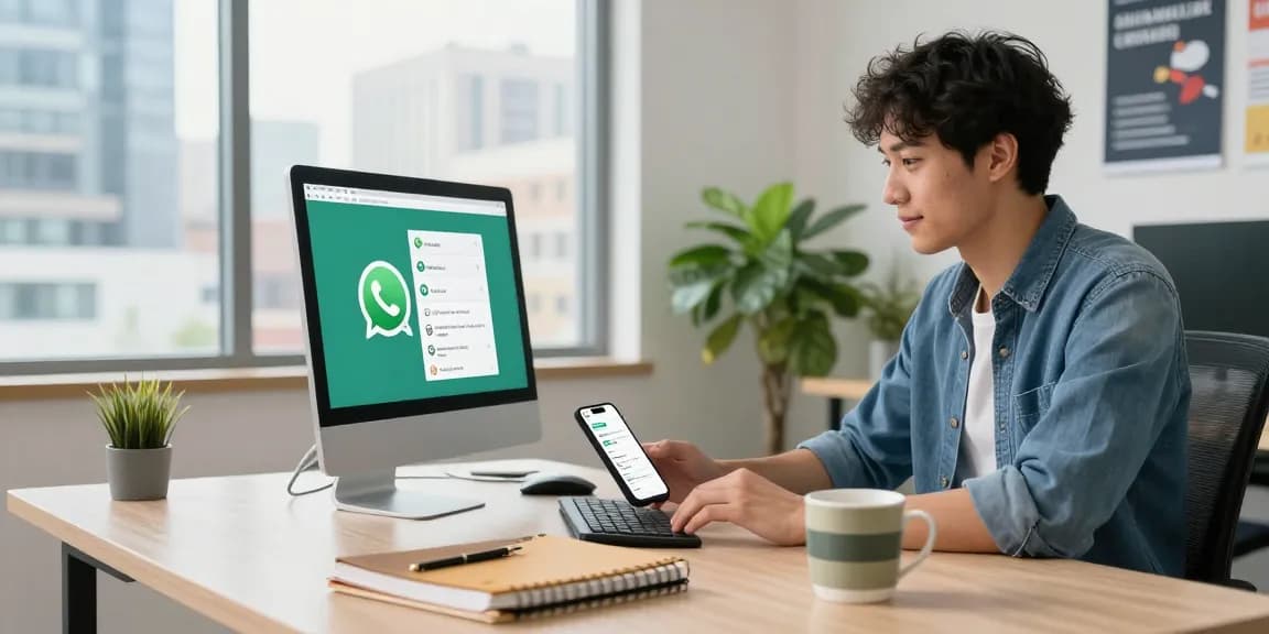 Professional using WhatsApp網頁版 on a desktop in a modern office.