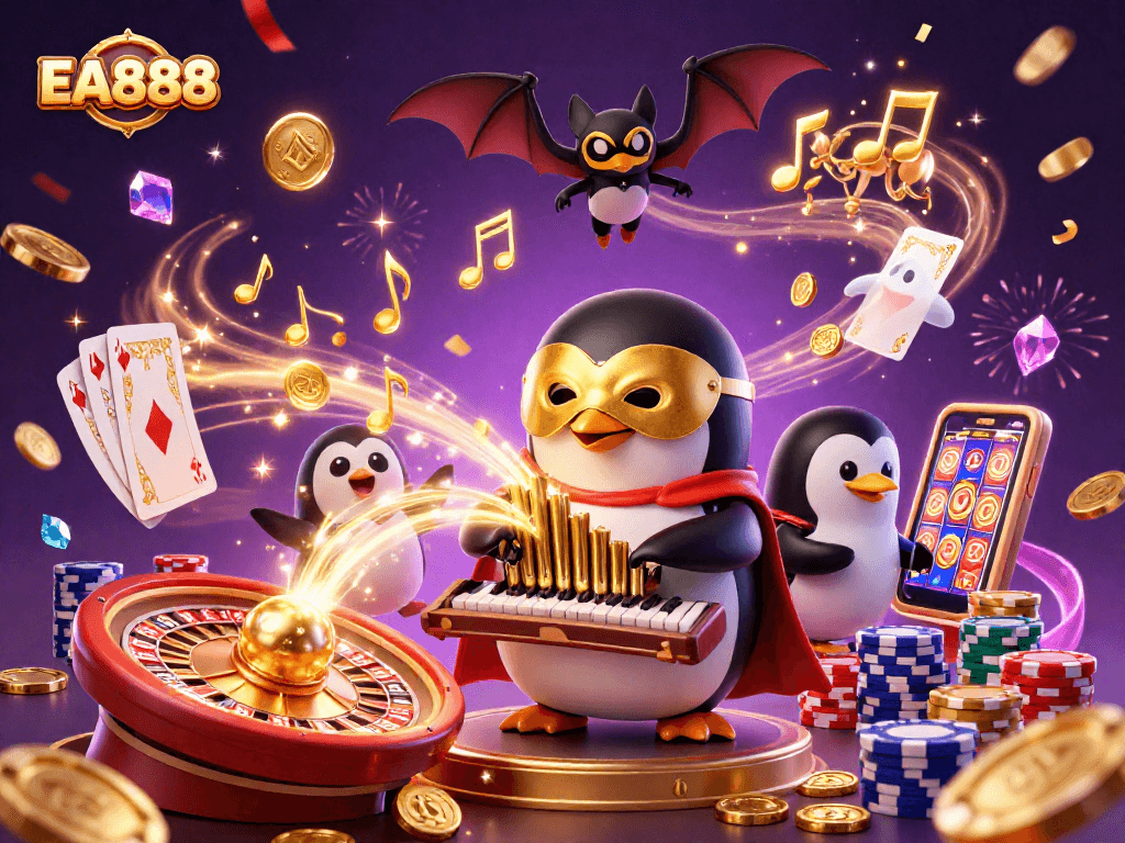 Experience thrilling gameplay at EA888 with a charismatic penguin organist amidst flying coins and festive decorations.