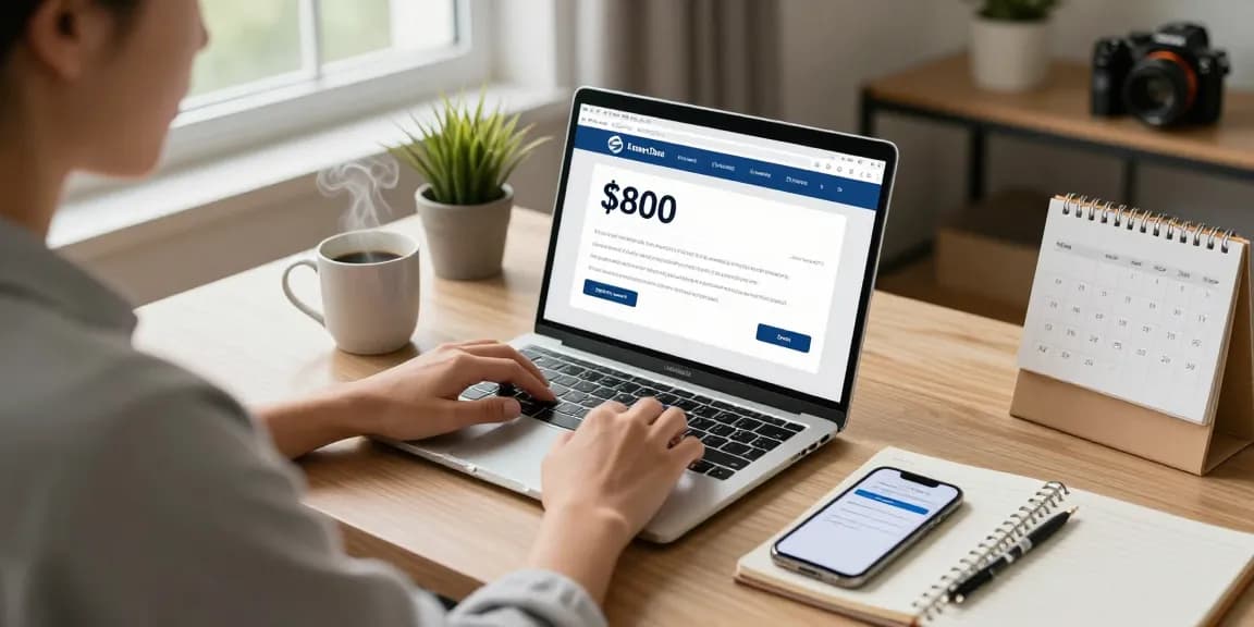 $800 loan online application process in a cozy home office, showcasing a person focused on their laptop with a notepad and coffee.