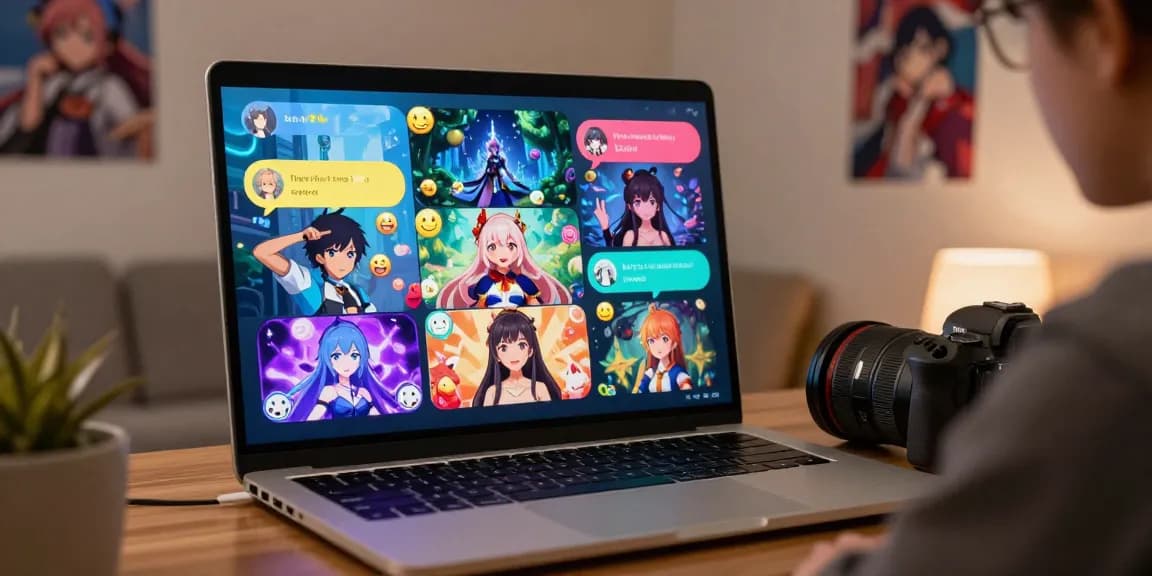 Engaging ecchi chat experience with anime characters and vibrant dialogue on a laptop in a cozy setting.