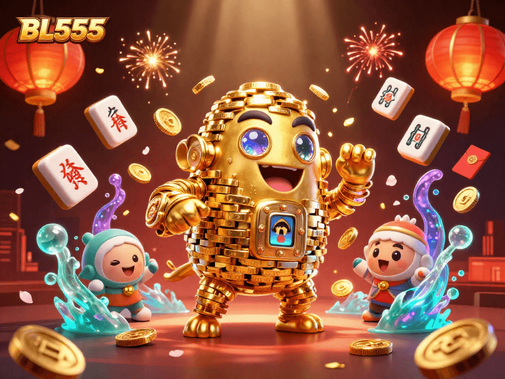 Experience thrilling gameplay at BL555, showcasing a vibrant 3D casino atmosphere with golden golems and festive decorations.
