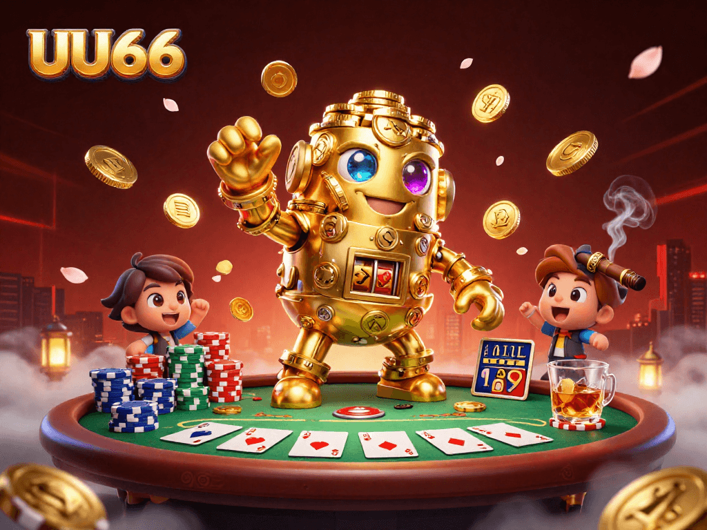 Experience the magic of UU666 with a dynamic casino scene featuring a golden golem and poker elements.