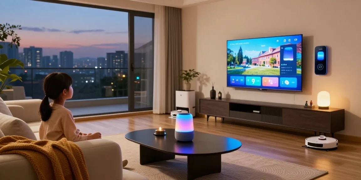 Smart home gadgets 2026 featured in a cozy living room with smart lighting and robotic vacuum.