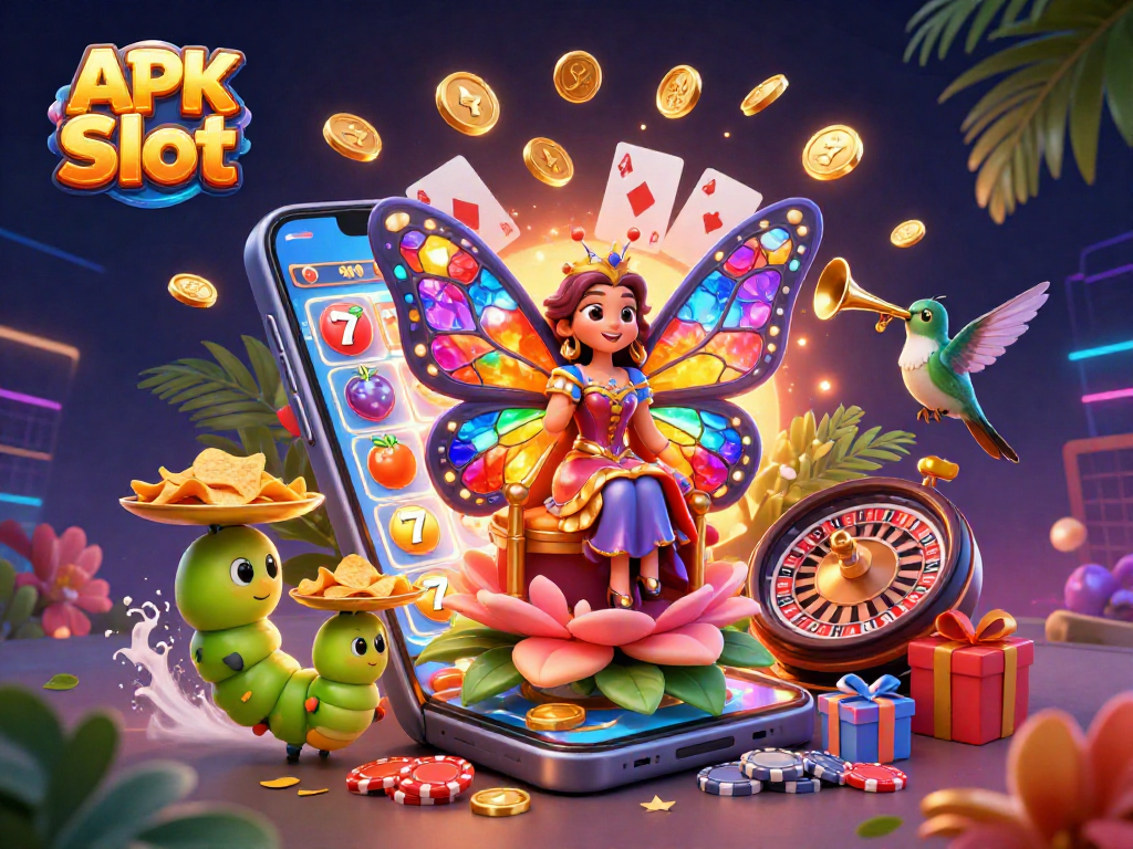 Engage with APK Slot, featuring a vibrant 3D scene with a butterfly queen and casino elements.