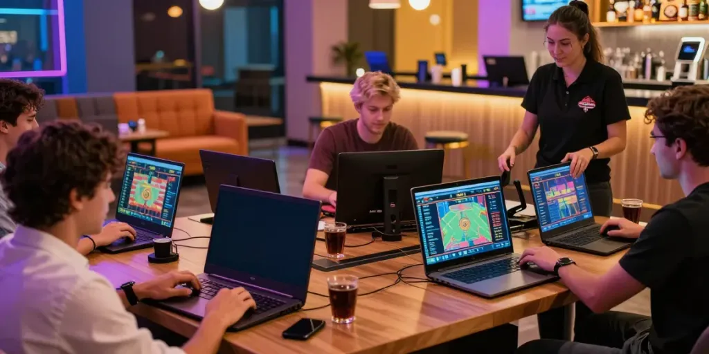 Engaged players at http://sin88-onl.com/ enjoying diverse casino games in a modern, vibrant gaming lounge.