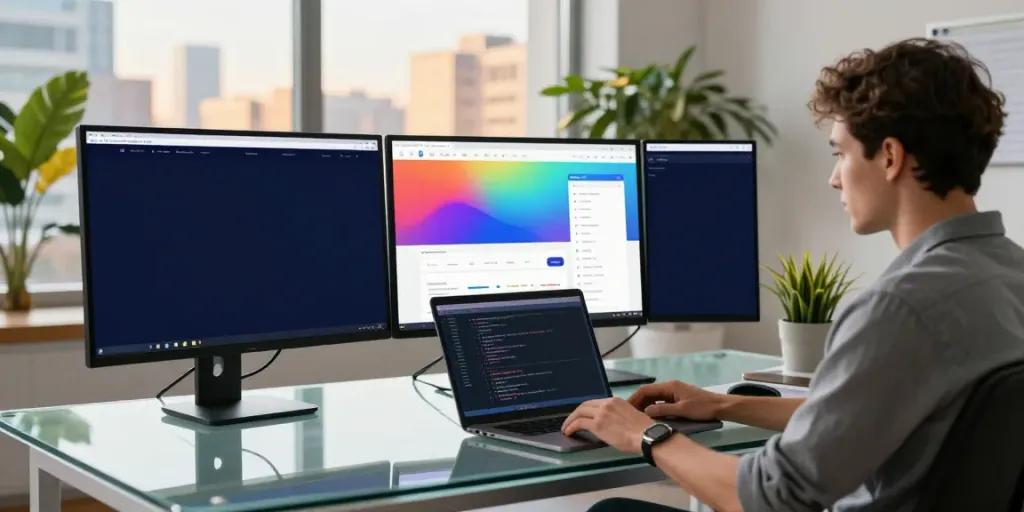 Employee analyzing instant indexing data on dual monitors in a modern office.