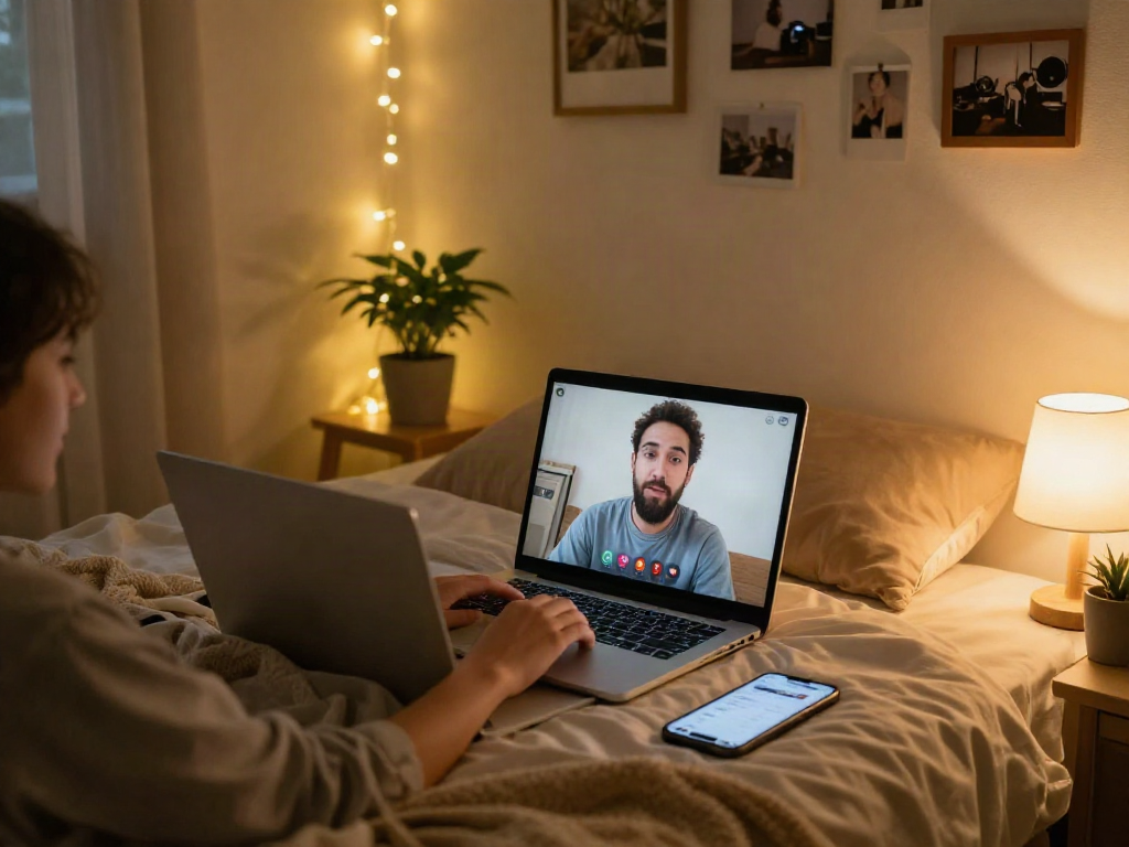 Engaging sexchat scene depicting a cozy bedroom with warm ambiance, intimate digital connection on screen.
