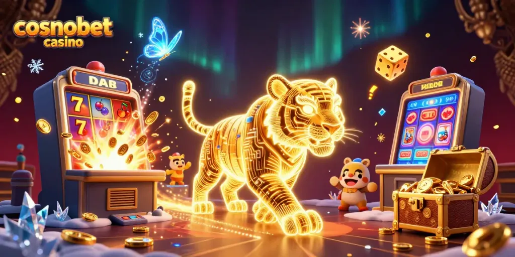 Engage with cosmobet casino amidst neon creatures and jackpot excitement in a vibrant digital landscape.