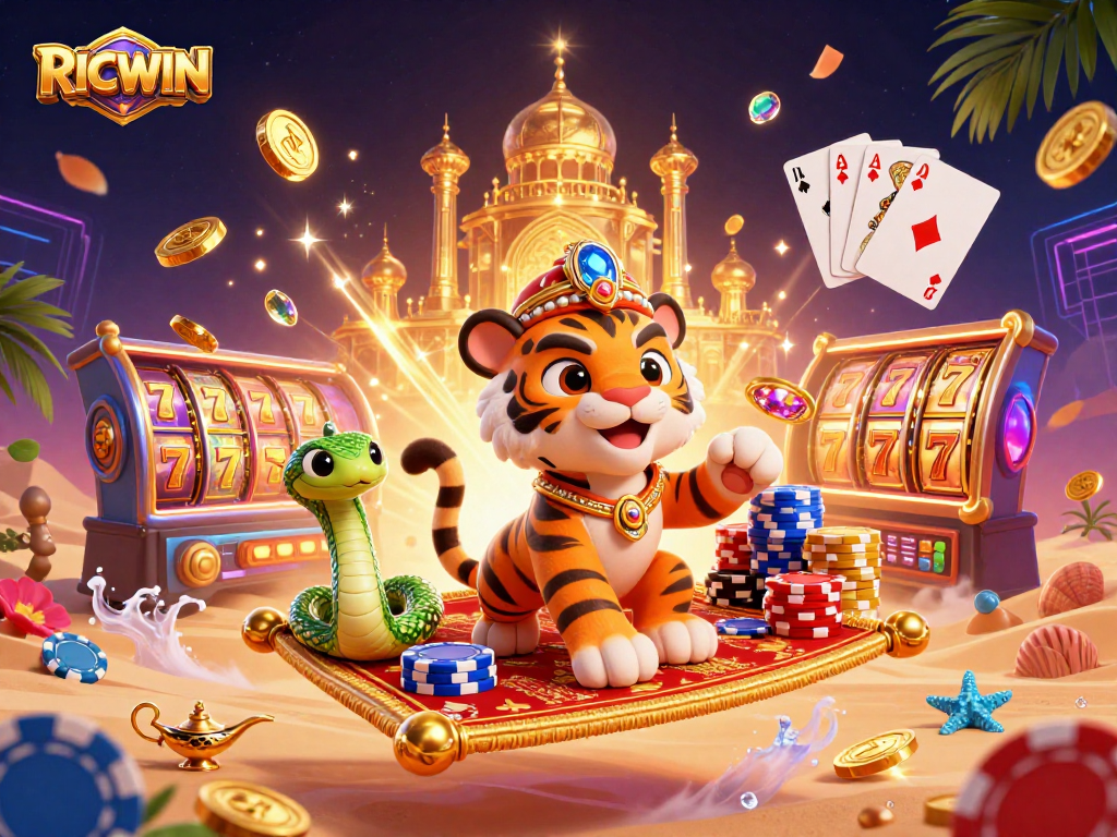 Experience the magic of RICWIN with a vibrant 3D casino illustration showcasing a sultan and treasures.