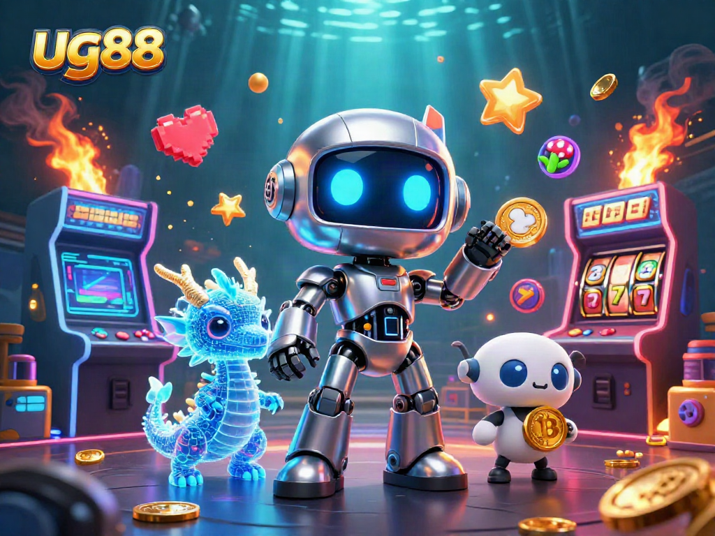 Experience thrilling gameplay at ug88 casino with a vivid 3D illustration showcasing colorful elements and characters.