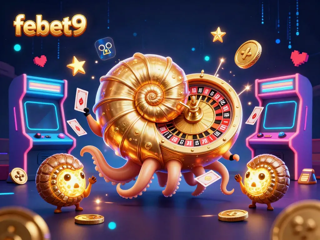 Experience thrilling wins with febet9 in a vibrant digital casino illustration featuring interactive games and characters.