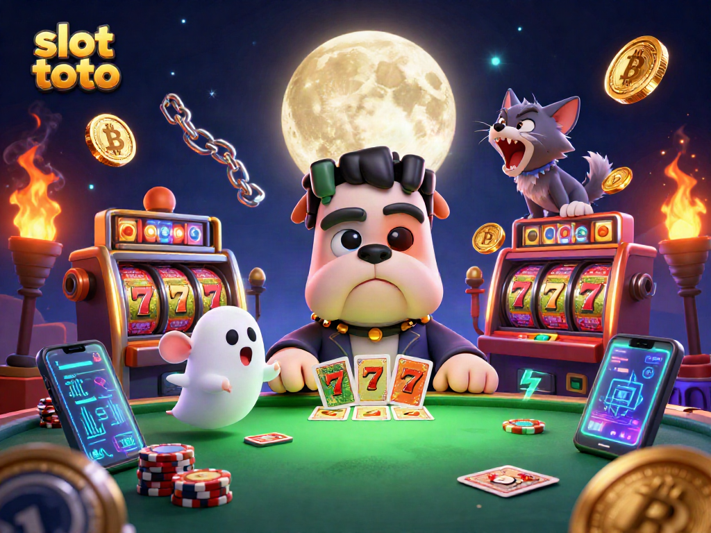 Play exciting slot toto games with a spooky card-dealing bulldog and ghostly elements!