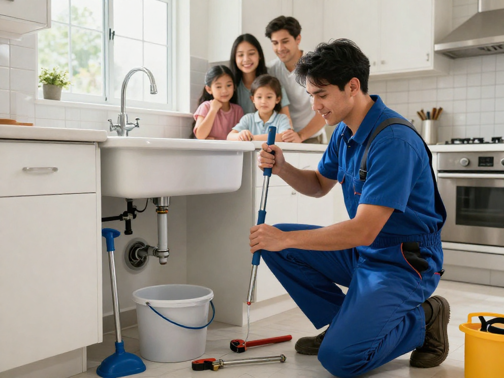 Plumber performing drain cleaning Fort Worth service in modern kitchen, ensuring a tidy home.