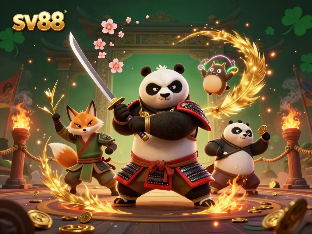 Experience thrilling action at sv88 with a mystical panda, ninja fox, and magical spirit in a vibrant casino setting.