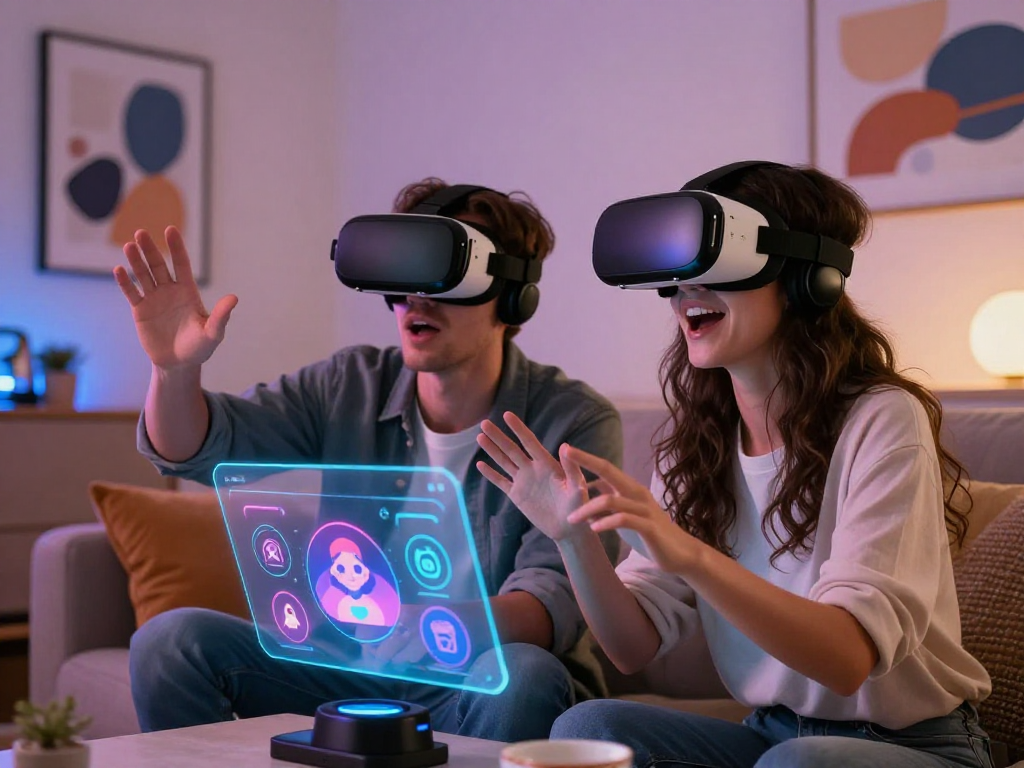Couple engaging with a sex AI virtual reality experience in a cozy tech-savvy living room.