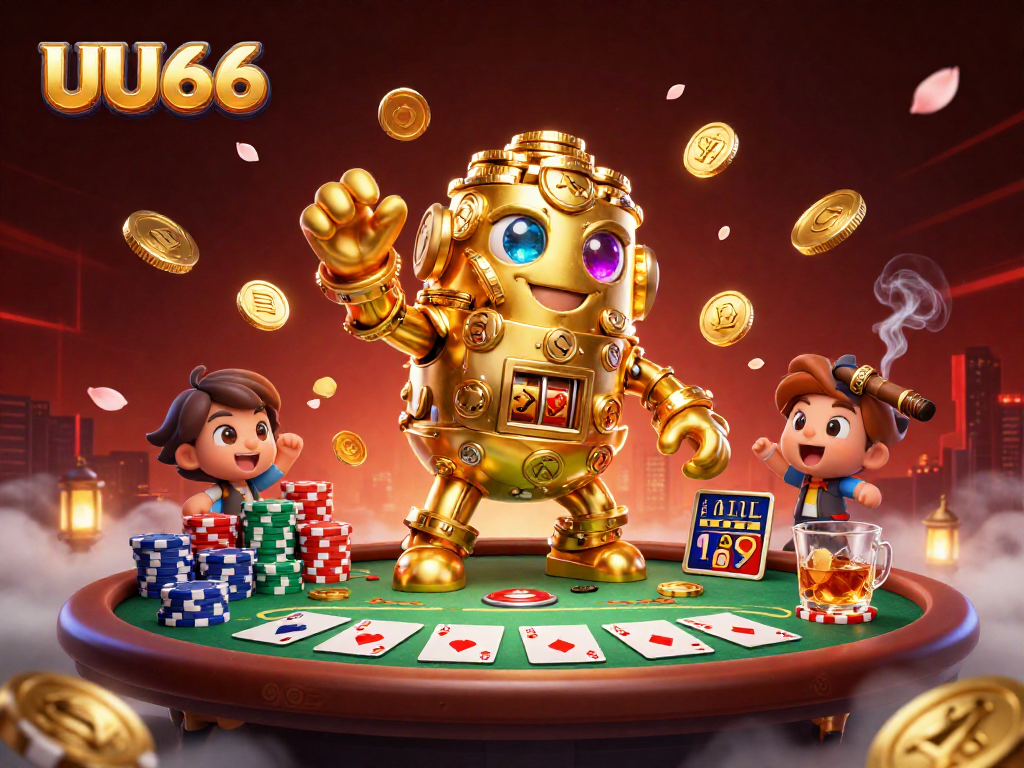 Experience the magic of UU666 with a dynamic casino scene featuring a golden golem and poker elements.