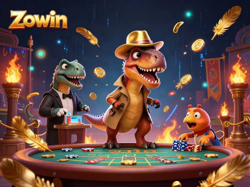 Engaging illustration of Zowin-themed casino characters, including a cunning velociraptor at a blackjack table.