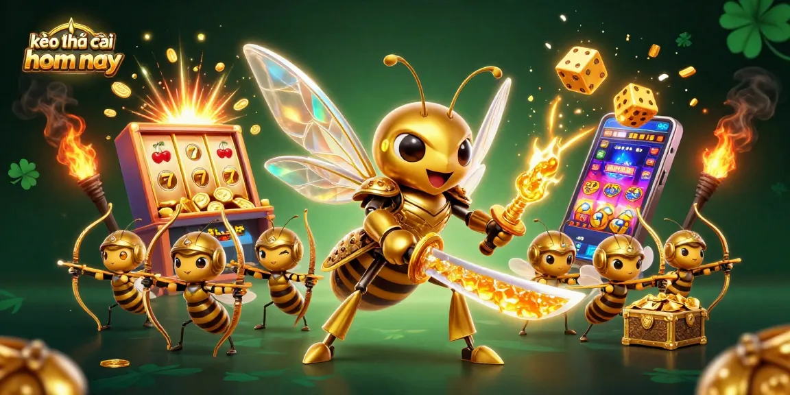 Engage with kèo nhà cái hôm nay at a dynamic casino scene featuring golden hornet warriors and jackpot excitement.
