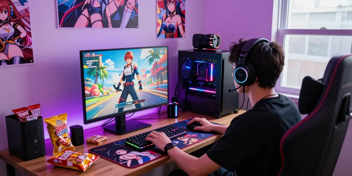 Player enjoying a free ecchi game on a large monitor in a vibrant gaming room filled with colorful accessories and anime decorations.