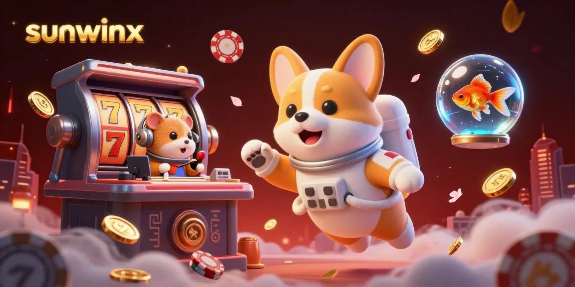 Experience sunwinx excitement in a dynamic casino scene with floating poker chips and corgis.