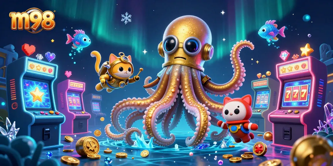 Win big with m98 in this vibrant, action-packed 3D casino-themed illustration showcasing slot machines and gaming elements.