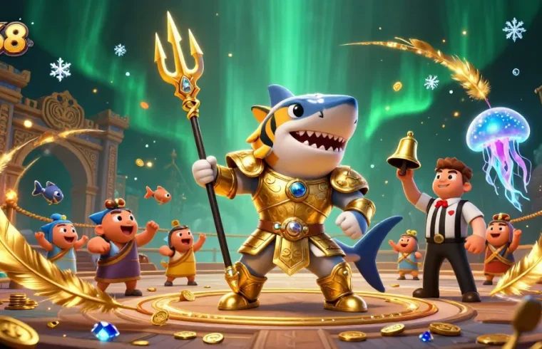Experience F168's thrilling underwater casino world with a shark gladiator battling amidst cheering fish.