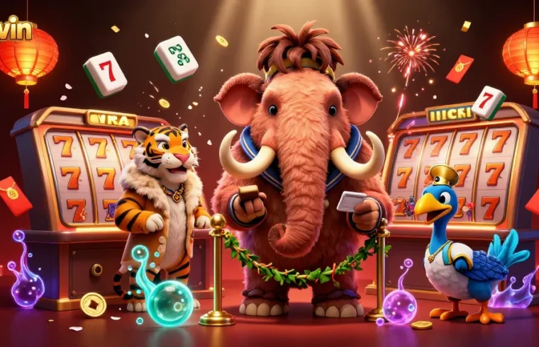 Sunwin brings excitement with a vibrant 3D casino scene featuring a woolly mammoth bouncer and VIP guests.