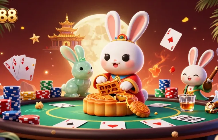 Engage in thrilling games at go88 while the moon rabbit plays on lunar poker tables with vivid 3D elements.