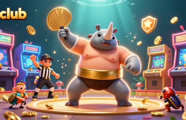 Engage with hitclub's thrilling gaming experience, featuring a cartoon beetle champion winning coins amidst vibrant gaming elements.