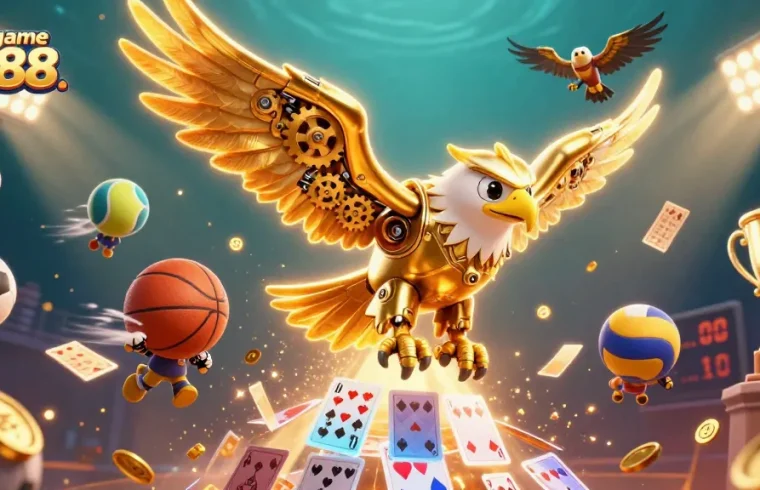 Engage with cổng game go88 through an exhilarating 3D scene of a cybernetic eagle and sports elements.