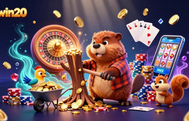 Experience the excitement of sunwin20 with cartoon characters enjoying a vibrant casino scene filled with gold.